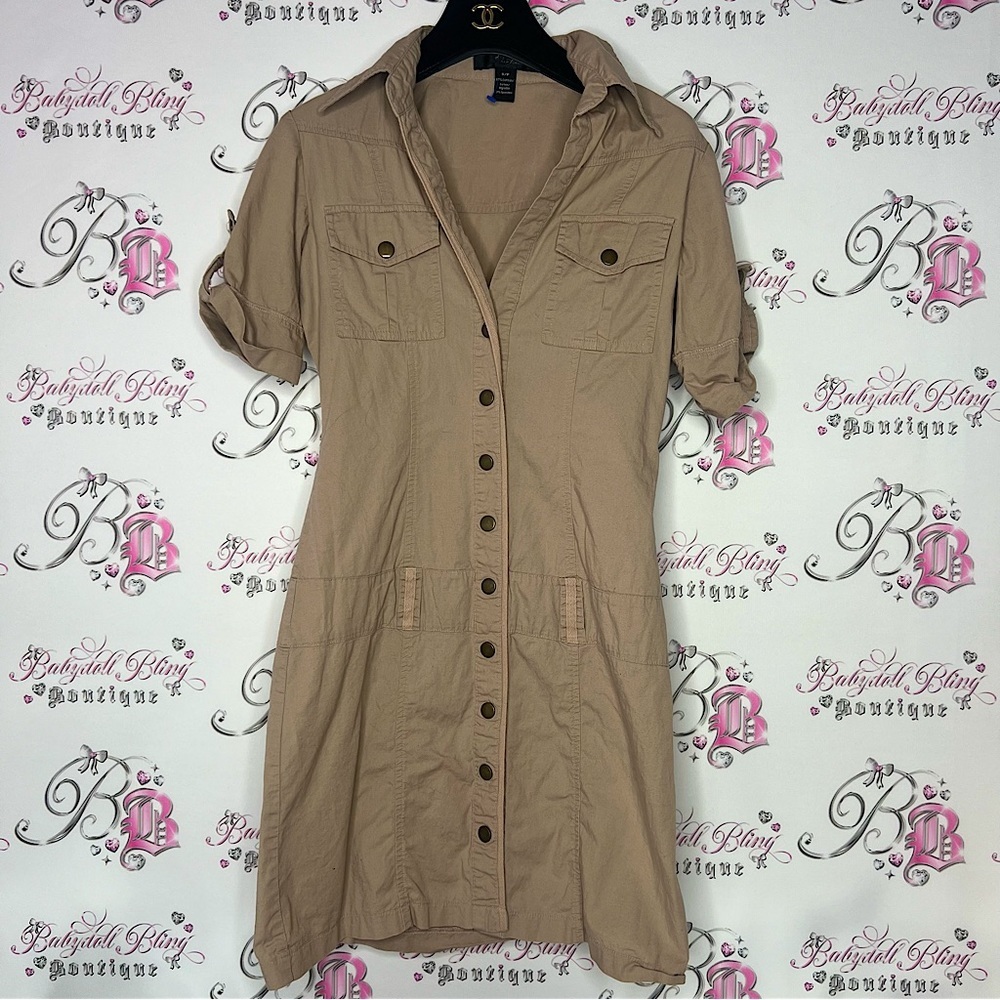 Seduction dress cargo style belt buckle loops snap closure buttons tan military